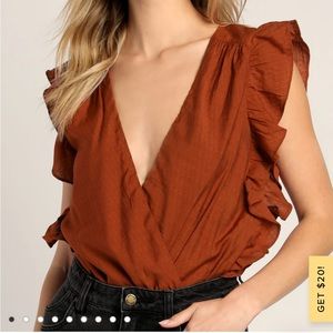 Lulu’s rust bodysuit with ruffle sleeves and open back